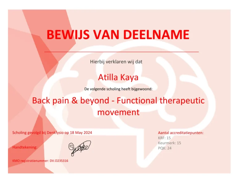 Certificaat Atilla Kaya, Back pain & beyond: functional therapeutic movement (2024)