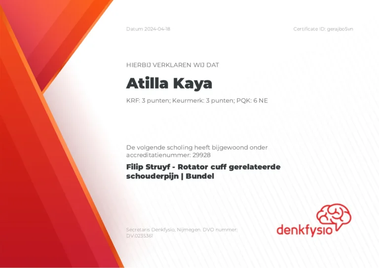 Certificaat Atilla Kaya, Filip Struyf: Rotator cuff gerelateerde schouderpijn (2024)