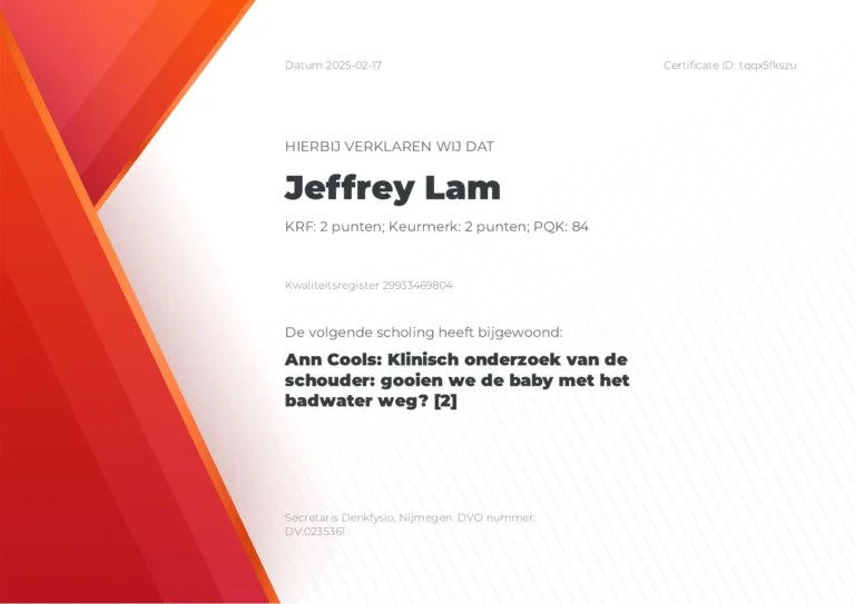 Certificaat Jeffrey Lam, Ann Cools: Klinisch onderzoek van de schouder (2025)