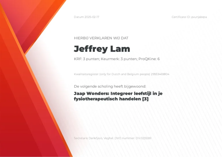 Certificaat Jeffrey Lam, Jaap Wonders: Integreer leefstijl in je fysiotherapeutisch handelen (2025)